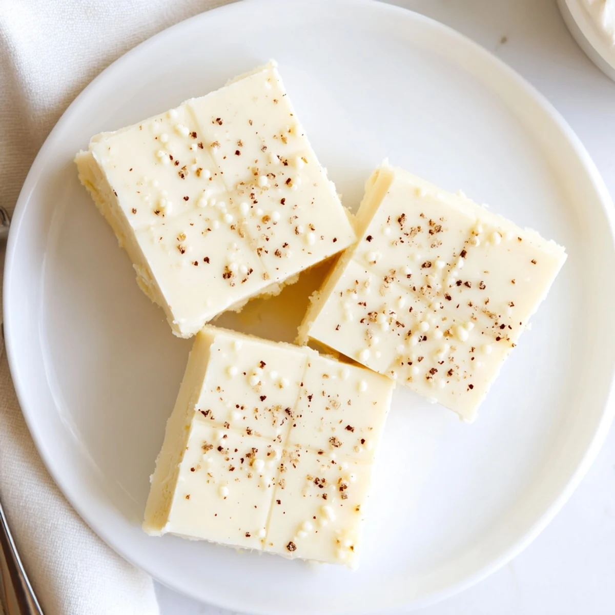 Creamy Eggnog Fudge dusted with nutmeg, cut into glossy holiday squares