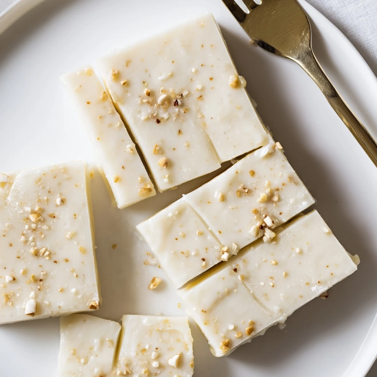 Rich Eggnog Fudge squares glistening, hint of cinnamon, perfect for gifting