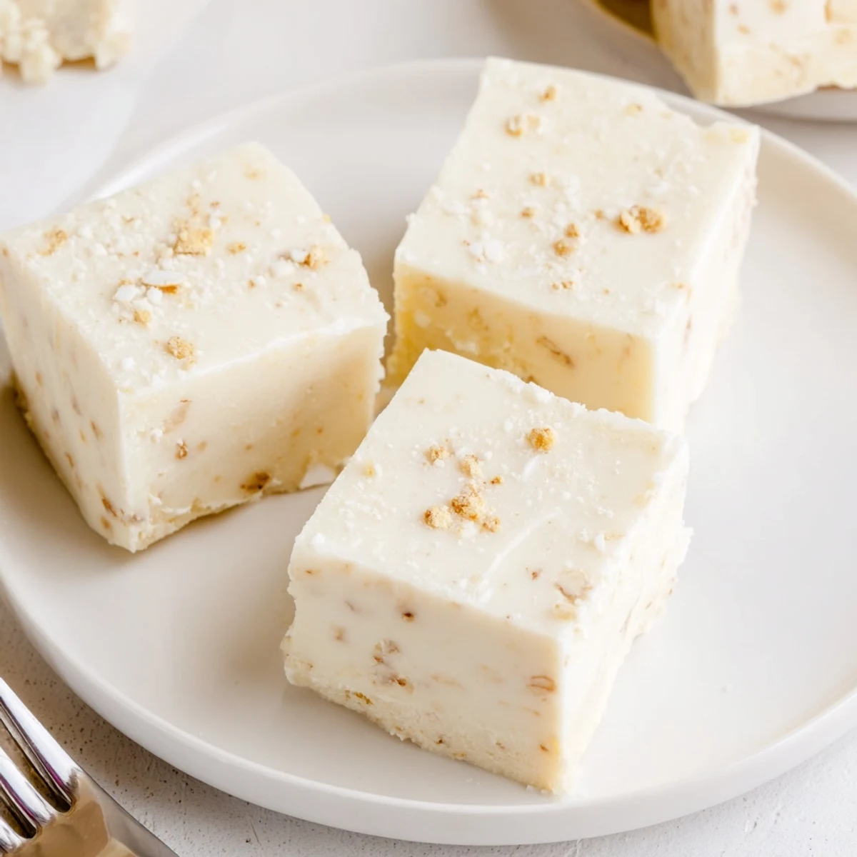 Slice of chilled Eggnog Fudge on parchment, speckled with grated nutmeg