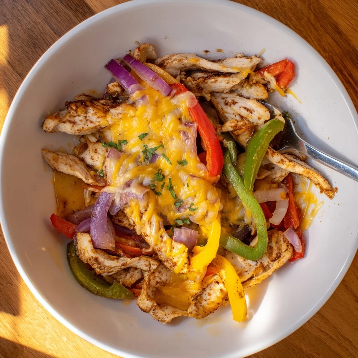 Family-style Cheesy Baja Chicken Bell Pepper Skillet served with warm corn tortillas