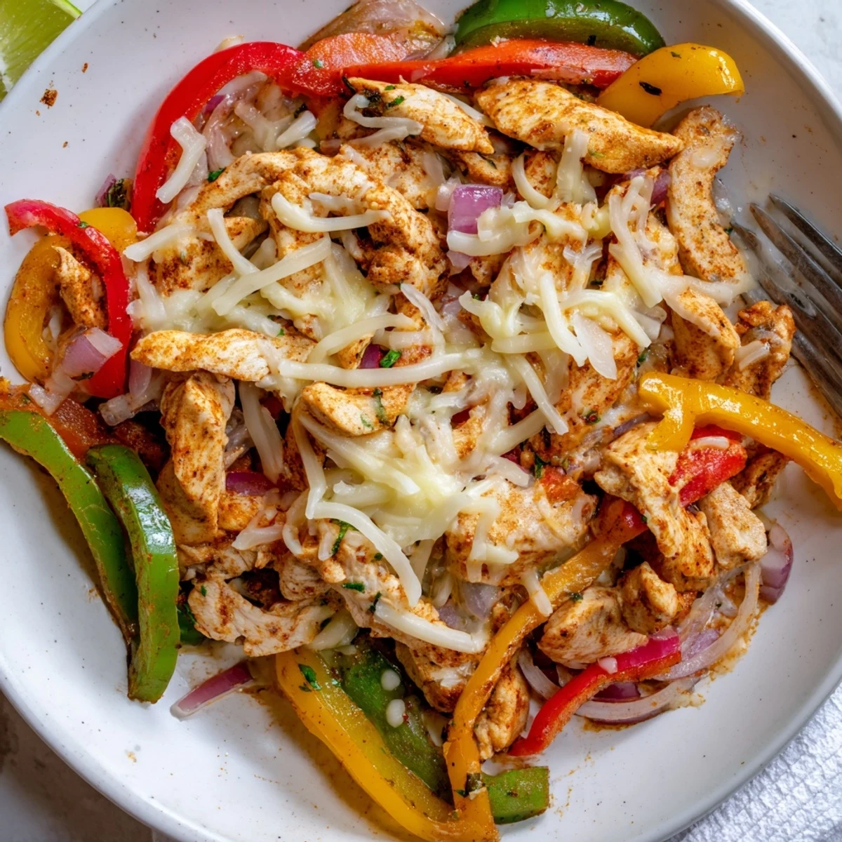 Cheesy Baja Chicken Bell Pepper Skillet bubbling with gooey cheese, juicy chicken, cilantro