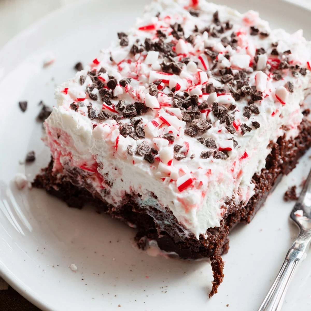 A chilled Peppermint Poke Cake slice, moist chocolate base and crunchy candy