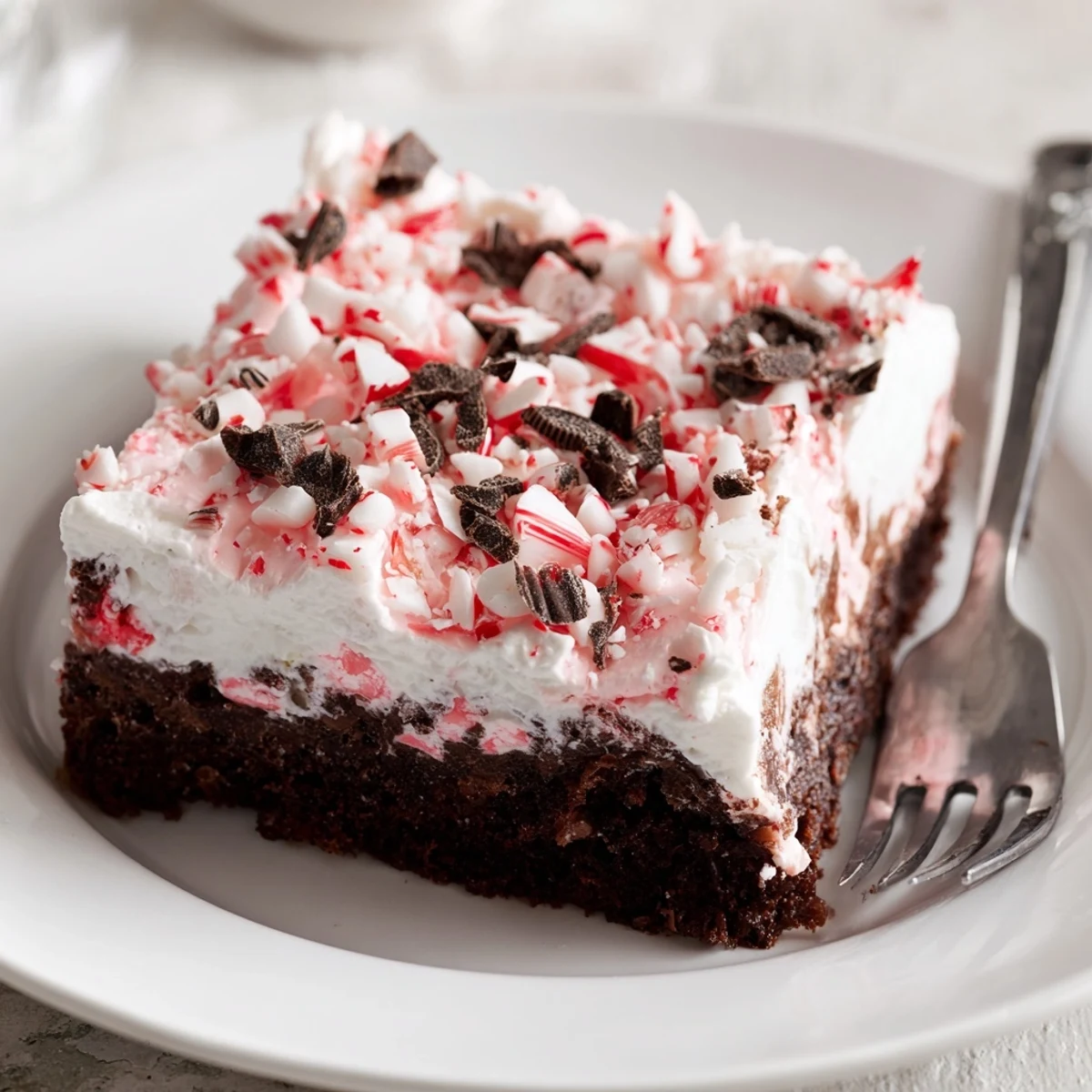 Holiday Peppermint Poke Cake topped with creamy pudding filling and mint shards