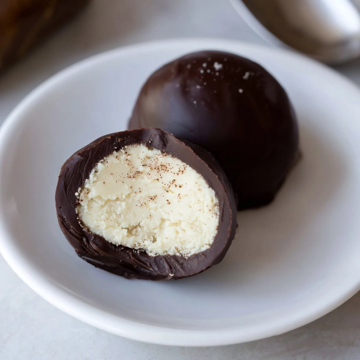 Dark Chocolate Eggnog Truffles with shiny shells and velvety, spiced centers