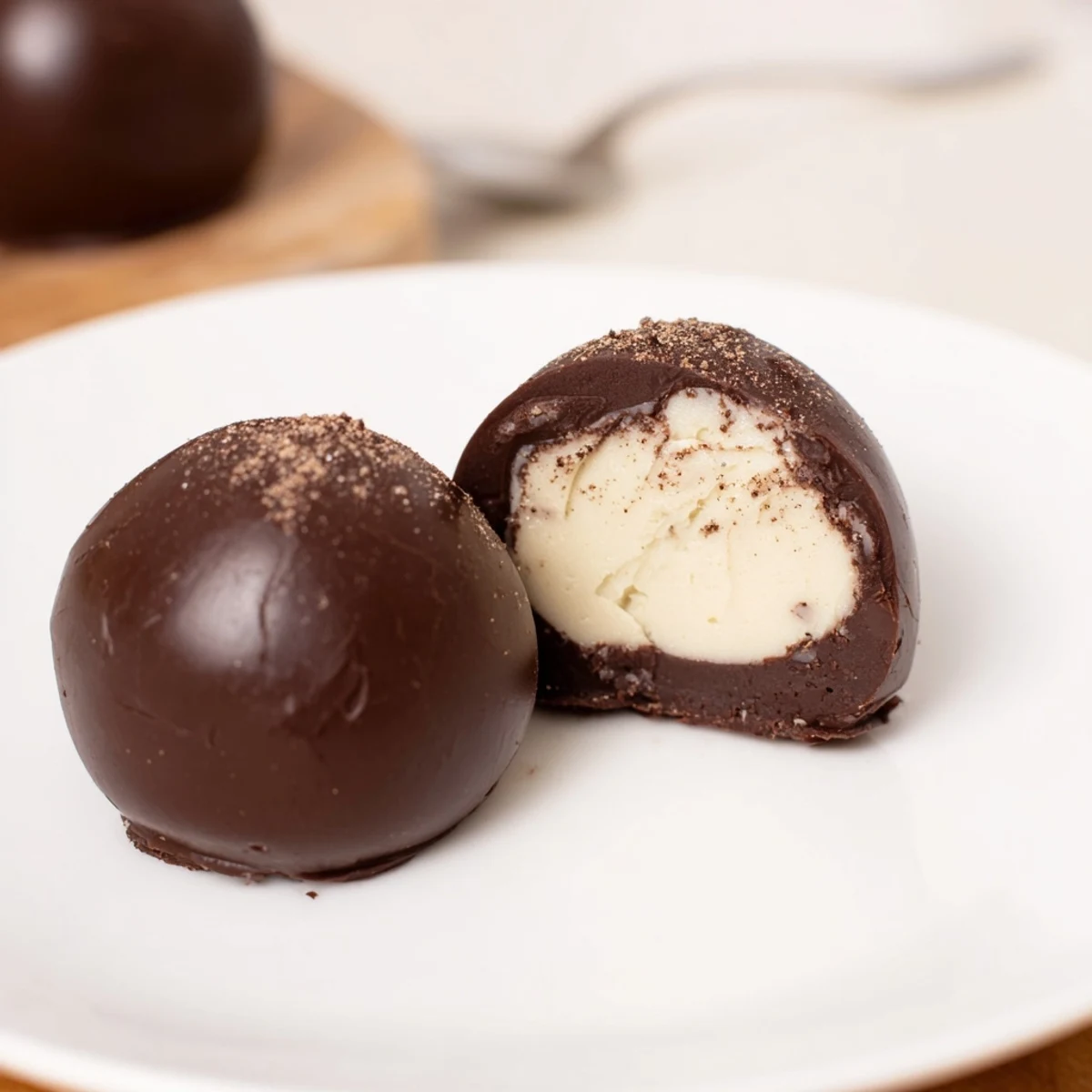 Plated Dark Chocolate Eggnog Truffles dusted with nutmeg, perfect for holiday gifting