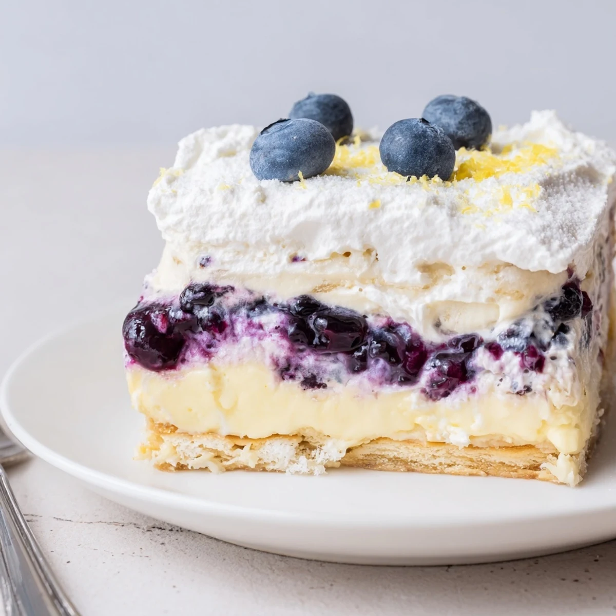No-bake Lemon Blueberry Lasagna chilled in dish, whipped cream topping.