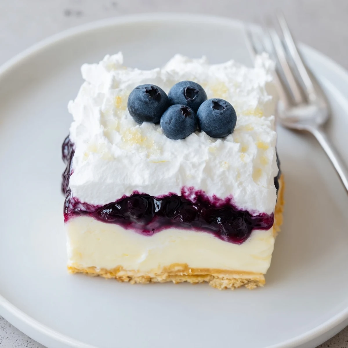 Lemon Blueberry Lasagna with creamy lemon layers, glossy blueberry filling, fresh berries.