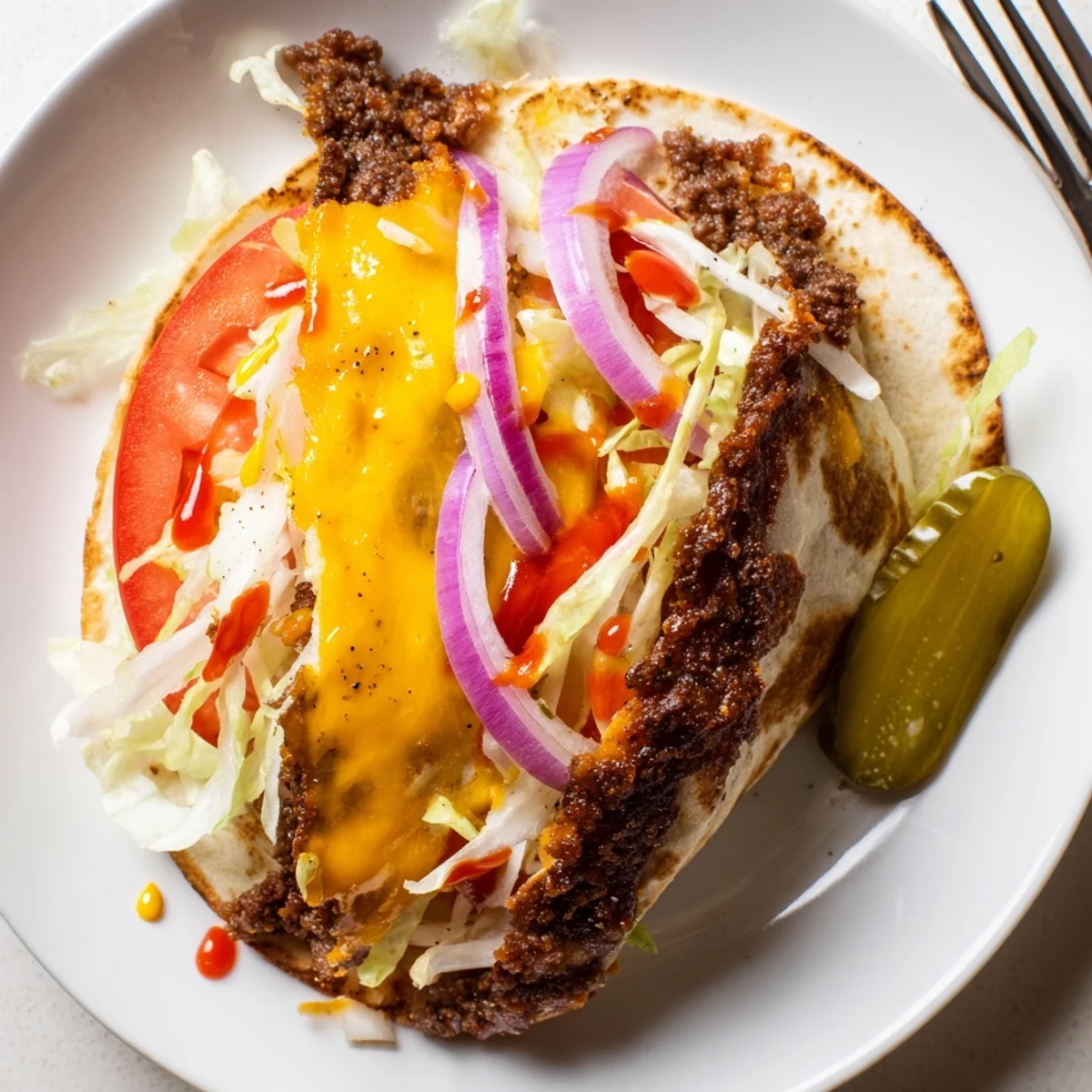 Smash Burger Tacos sizzling on a cast iron skillet, ready to fold