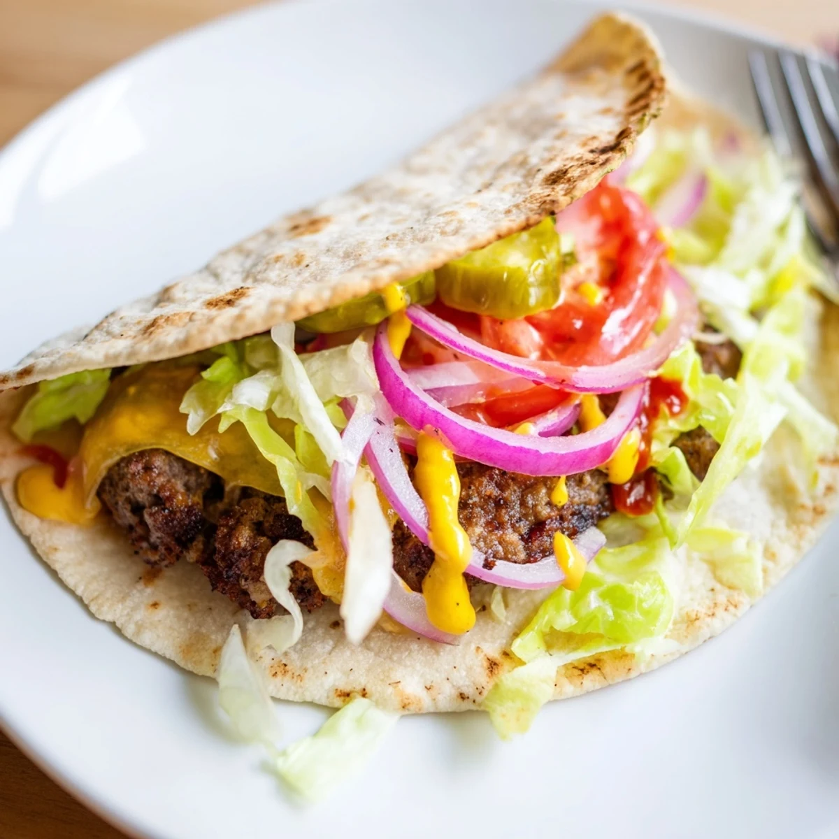 Crispy edges on Smash Burger Tacos with melted cheddar and tomato