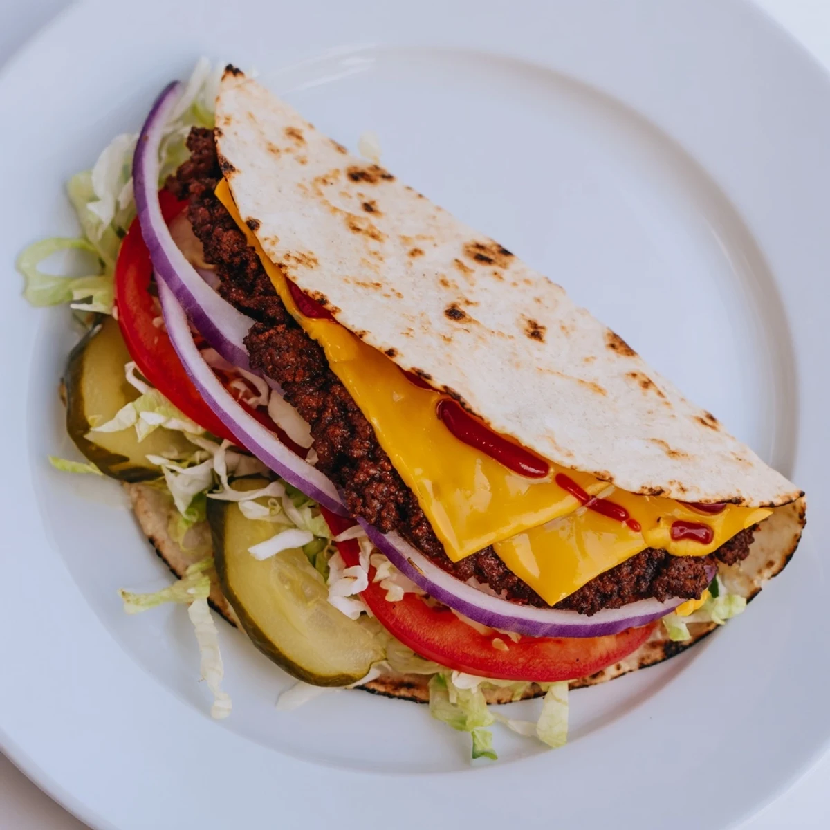 Folded Smash Burger Tacos piled with pickles, shredded lettuce, served with fries