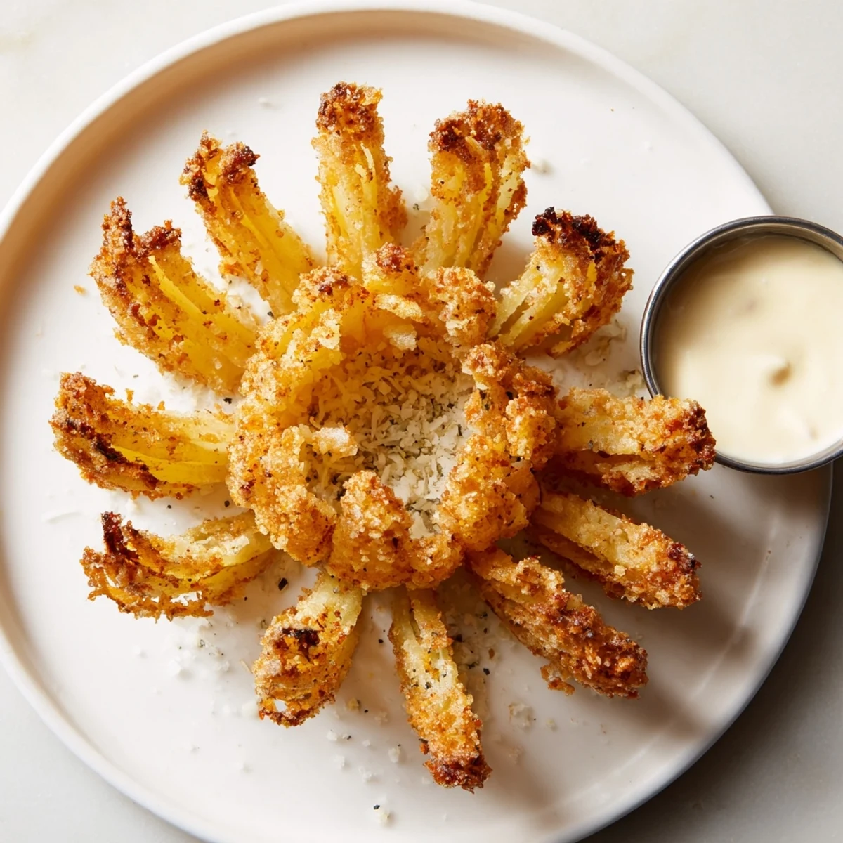 Warm Crispy Mini Bloomin Onions Recipe with smoky horseradish dip, crunchy edges