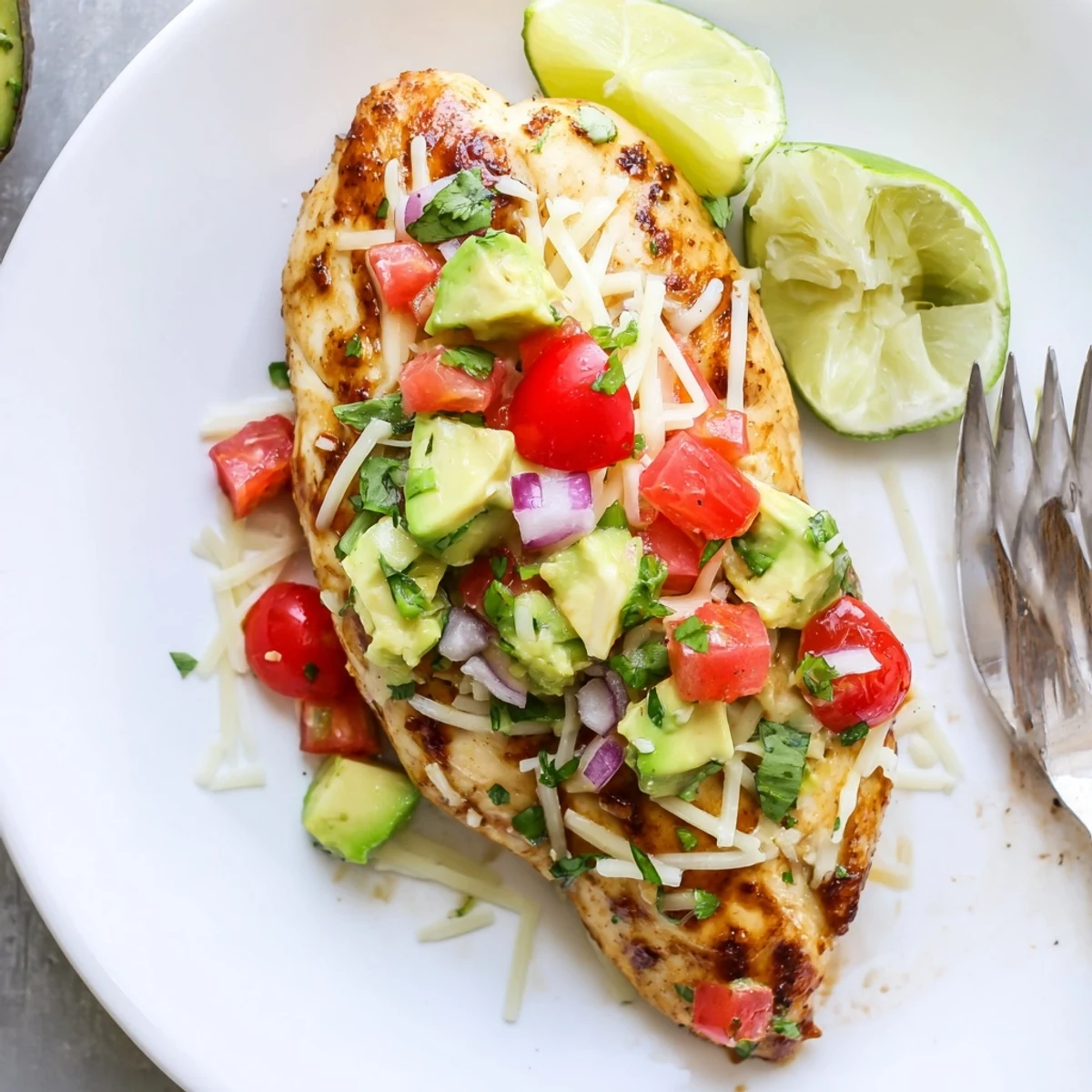 Grilled Fiesta Lime Chicken With Avocado topped with melting cheese and bright salsa