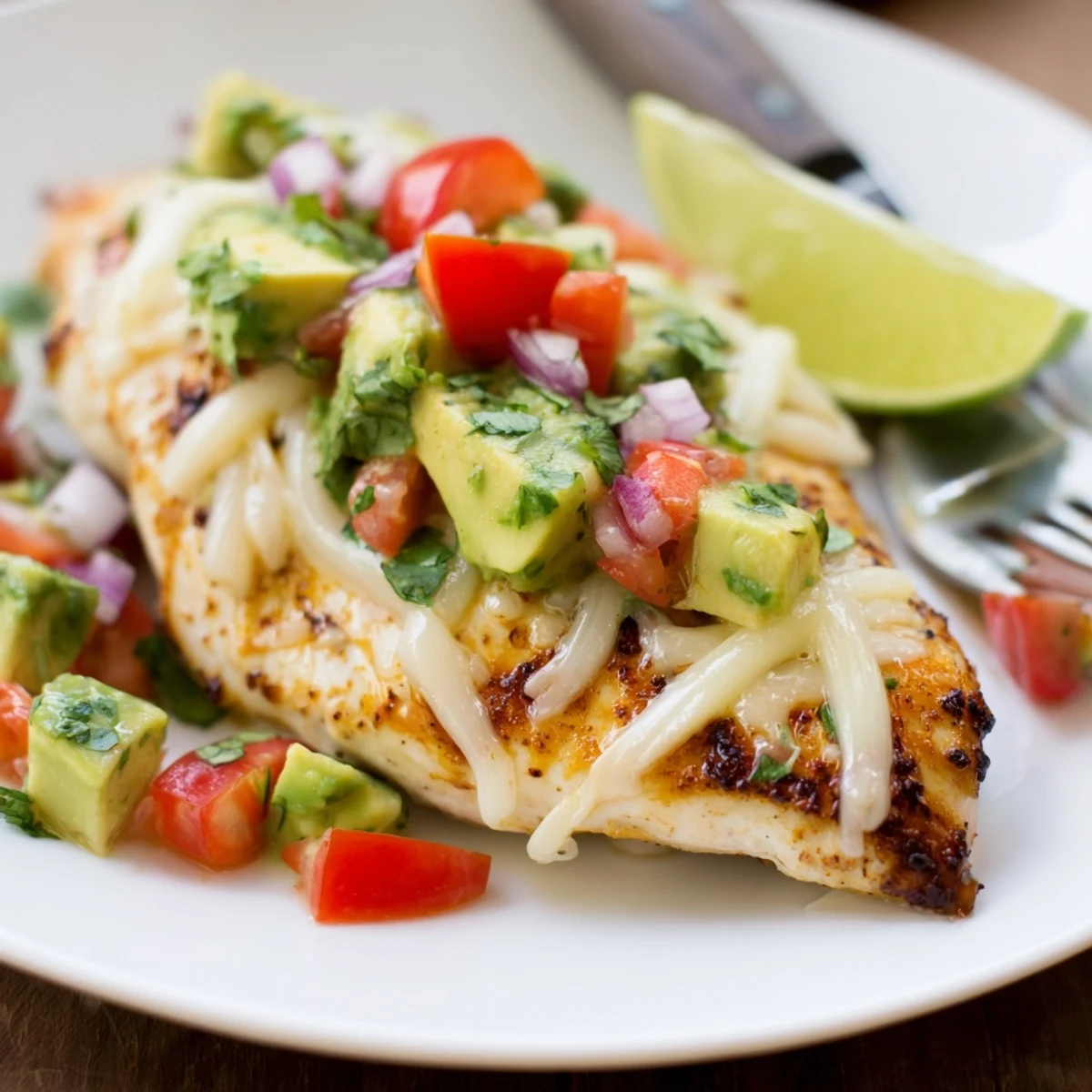 Fiesta Lime Chicken With Avocado plated with lime wedges and cilantro garnish