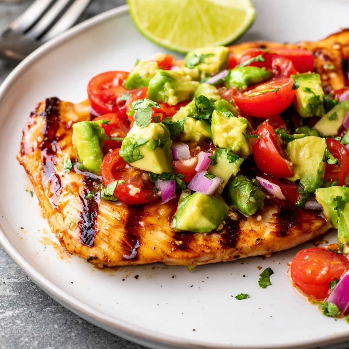 Charred Fiesta Lime Chicken With Avocado, zesty lime aroma and creamy salsa