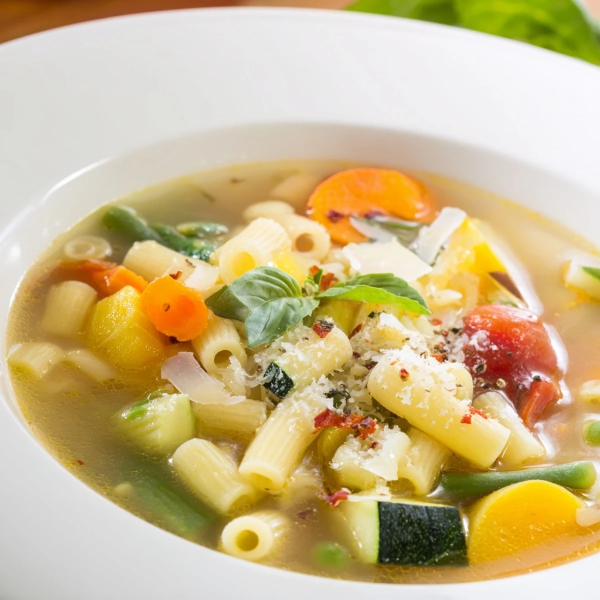 Spring Minestrone Soup steaming in bowl with tender pasta and fresh basil