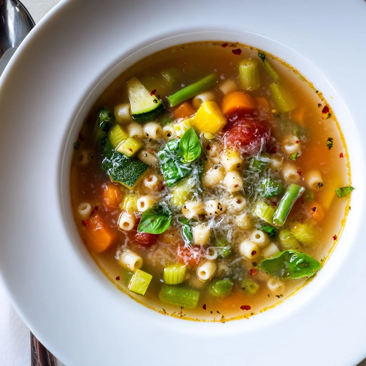 Bright Spring Minestrone Soup showcasing cherry tomatoes, peas, fragrant herbs drizzled olive oil