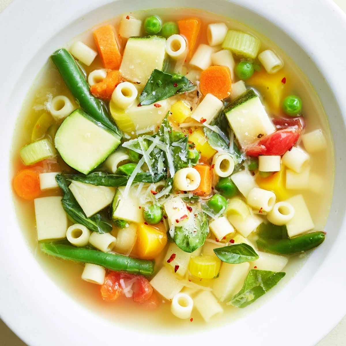 Hearty Spring Minestrone Soup brimming with colorful vegetables, served with crusty bread