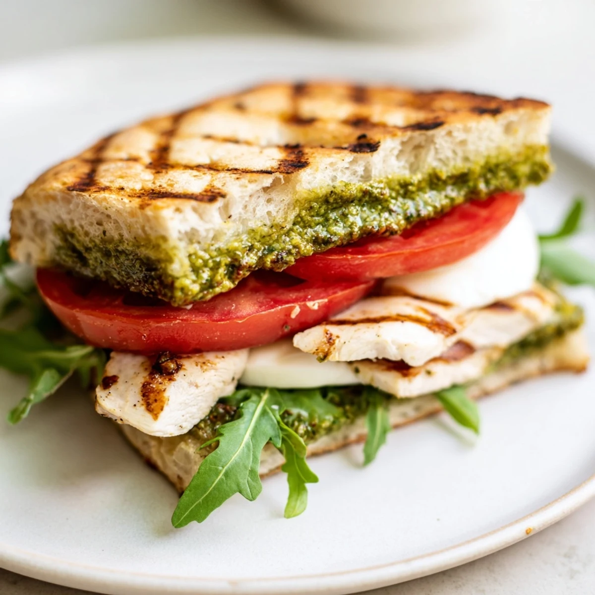 Chicken Pesto Sandwich Recipe showcasing golden grilled chicken, melted mozzarella, ripe tomato slices