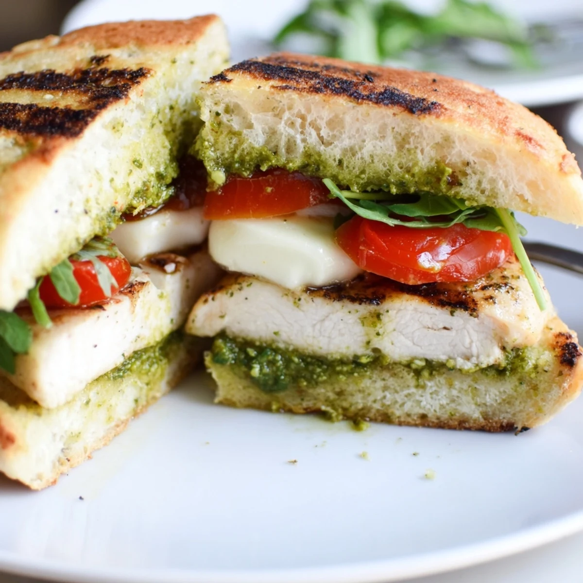 Toasted ciabatta Chicken Pesto Sandwich Recipe with peppery arugula and warm pesto