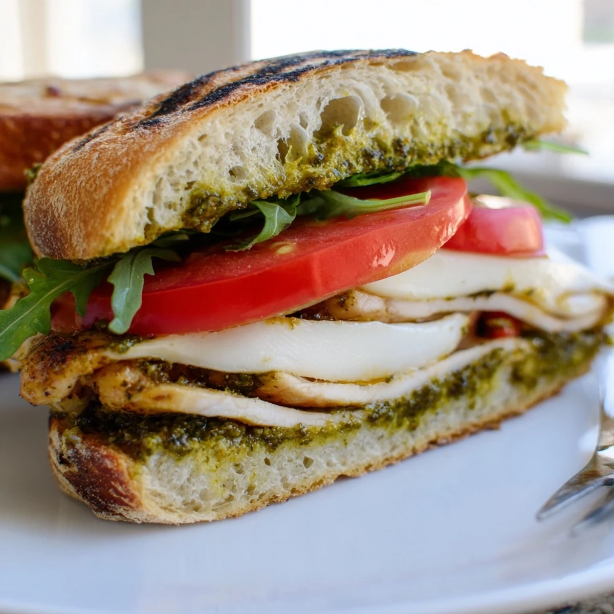 Serve warm Chicken Pesto Sandwich Recipe layered with juicy grilled chicken and fresh basil