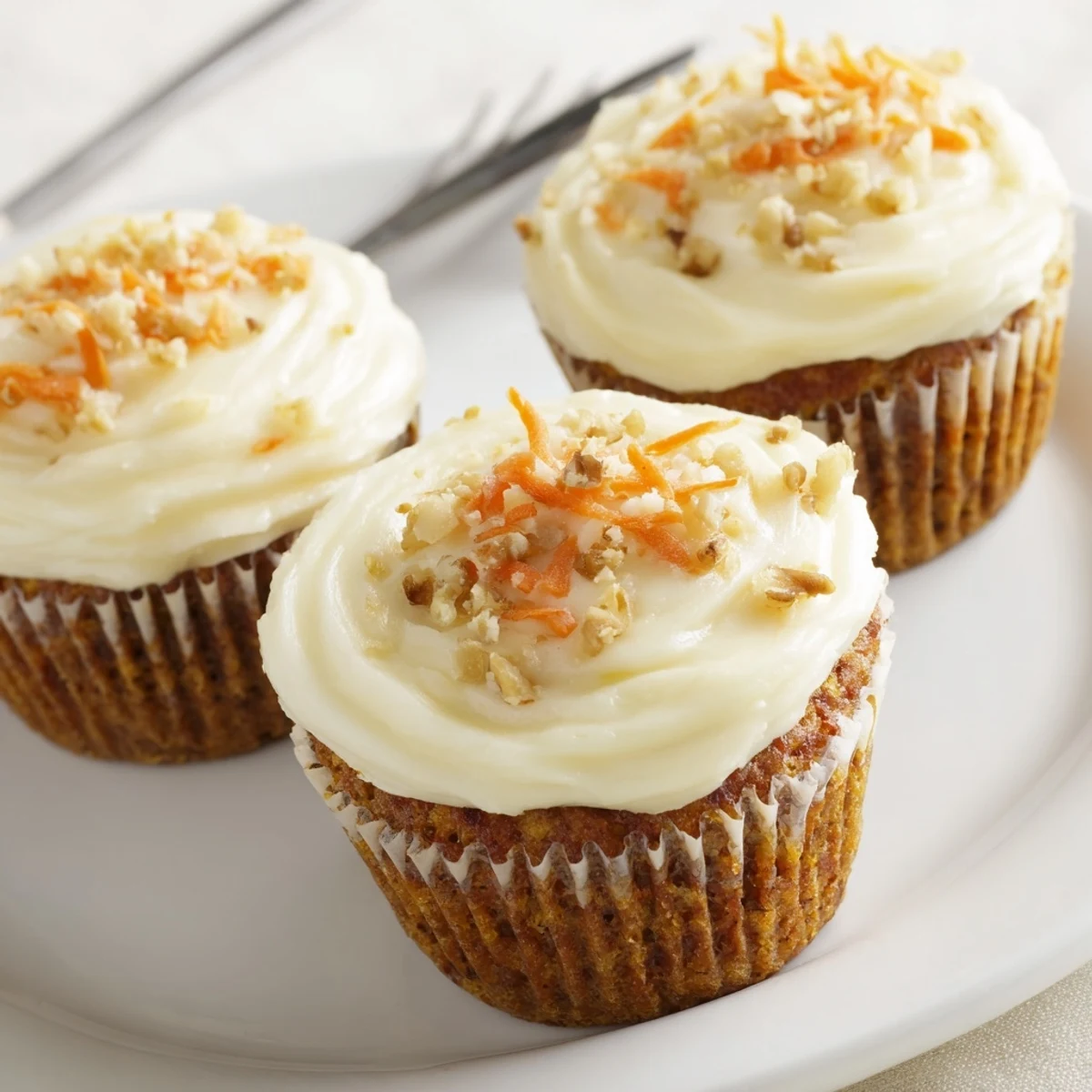 A plate of Moist Carrot Cake Cupcakes beside a steaming cup of chai.