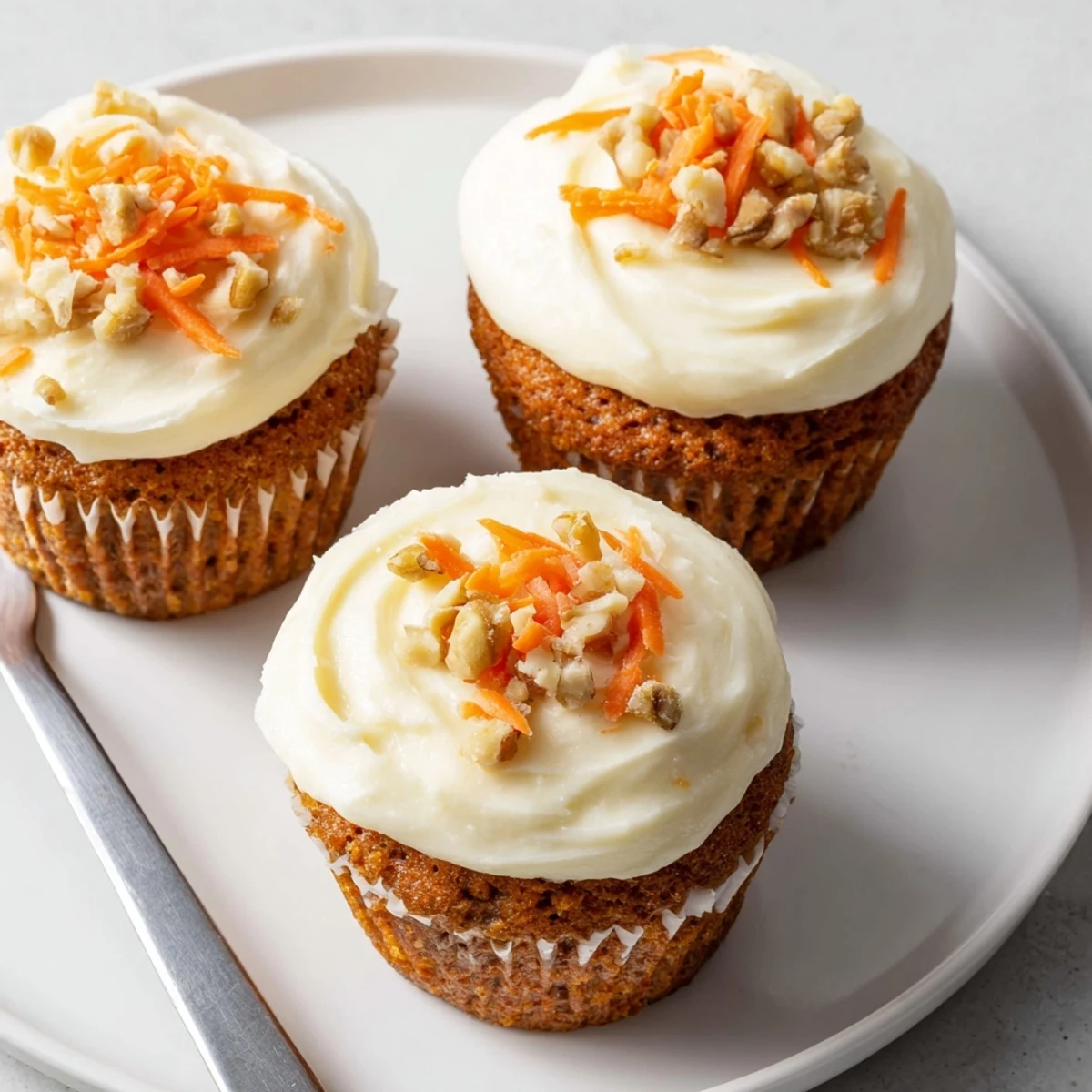 Moist Carrot Cake Cupcakes topped with swirled cream cheese frosting, spiced aroma.