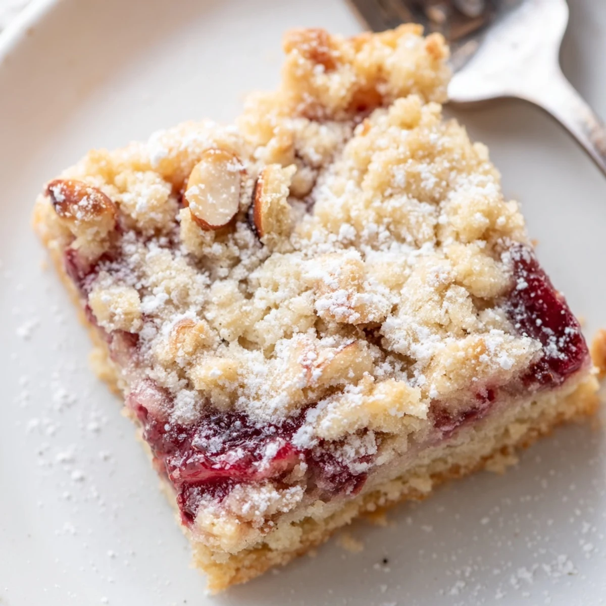 Homemade Raspberry Almond Bars sliced into squares, toasted almonds glistening, ready to serve.