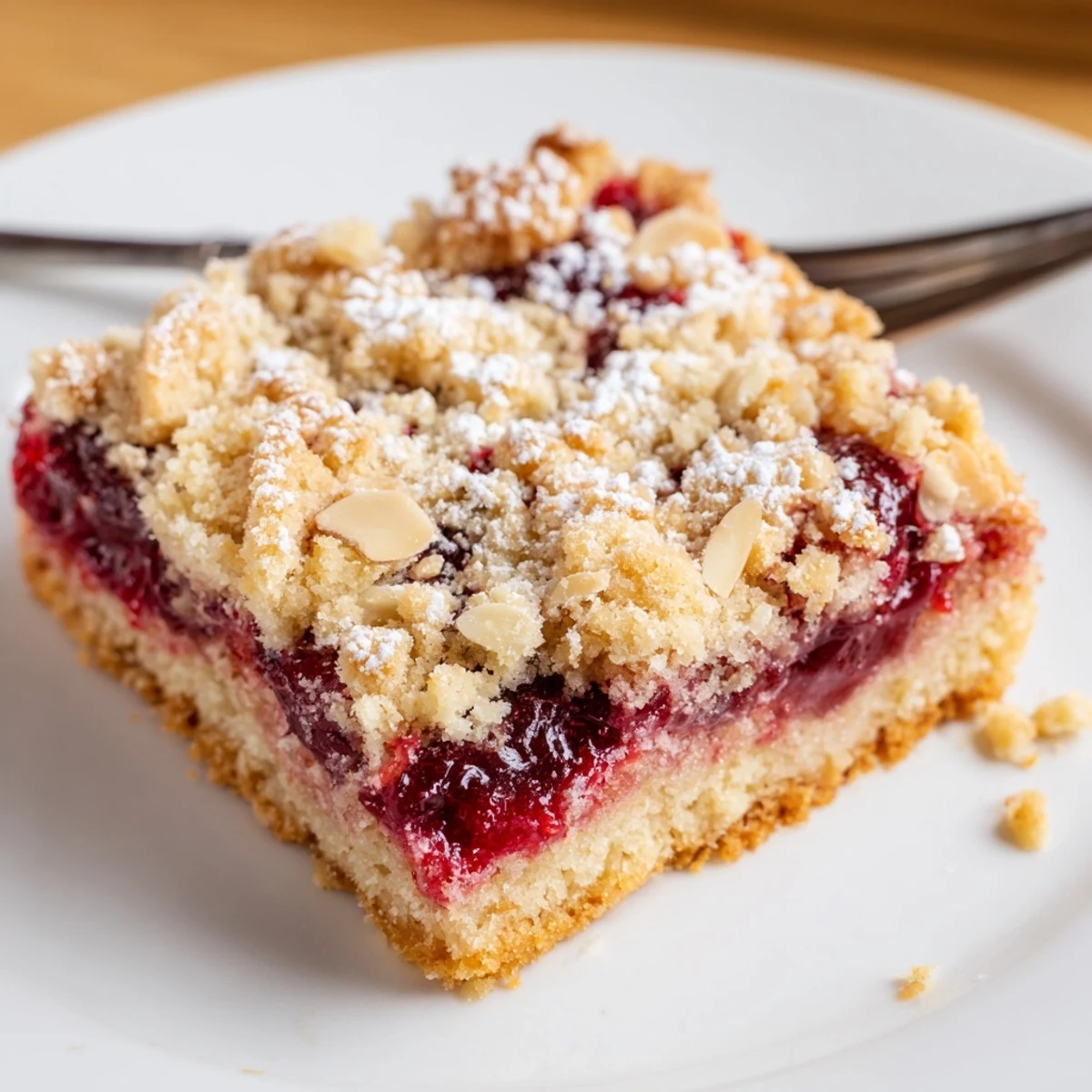 Chilled Raspberry Almond Bars dusted with powdered sugar, nutty crunch, perfect for dessert.