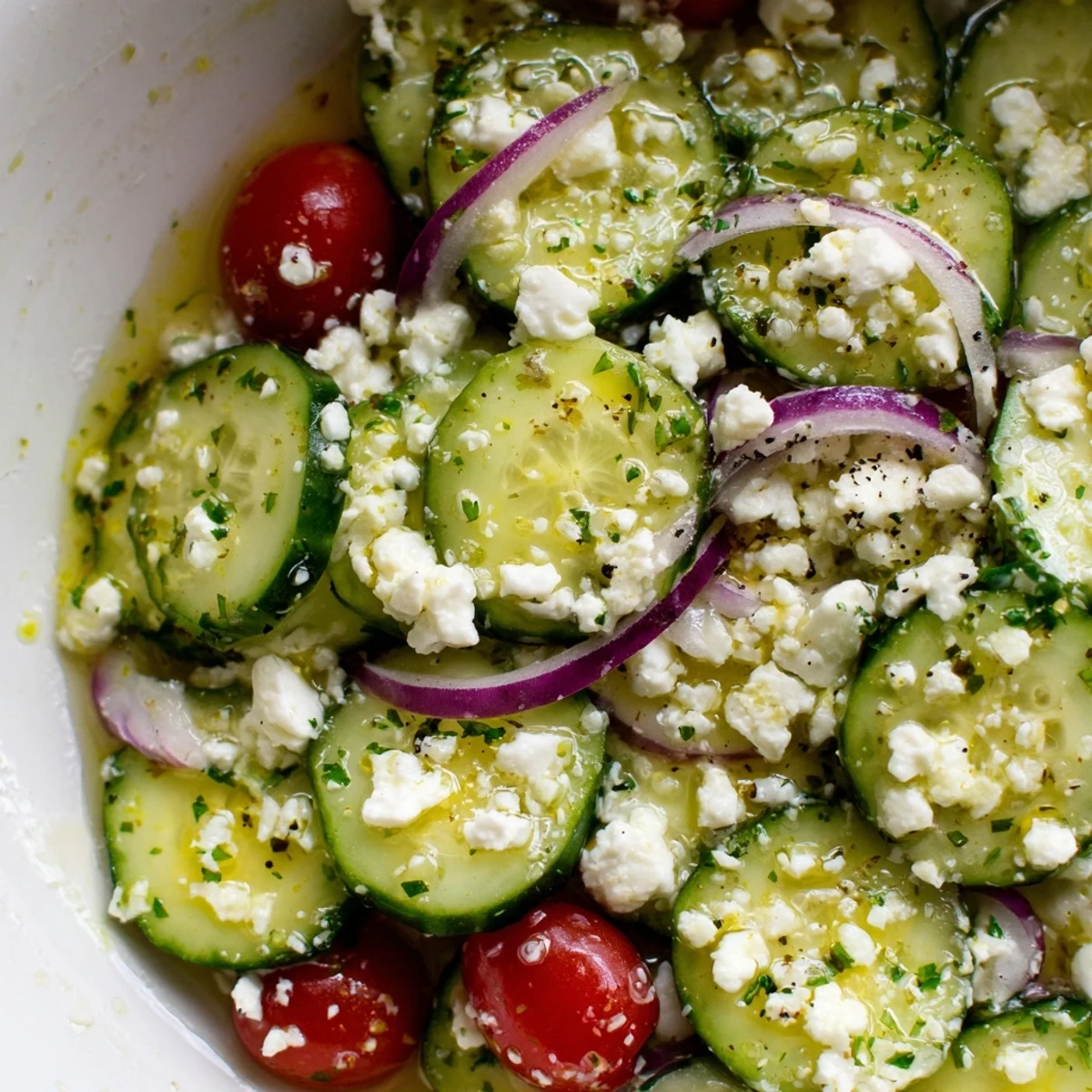 Cucumber Feta Salad With Lemon Greek Vinaigrette served chilled with fresh parsley garnish
