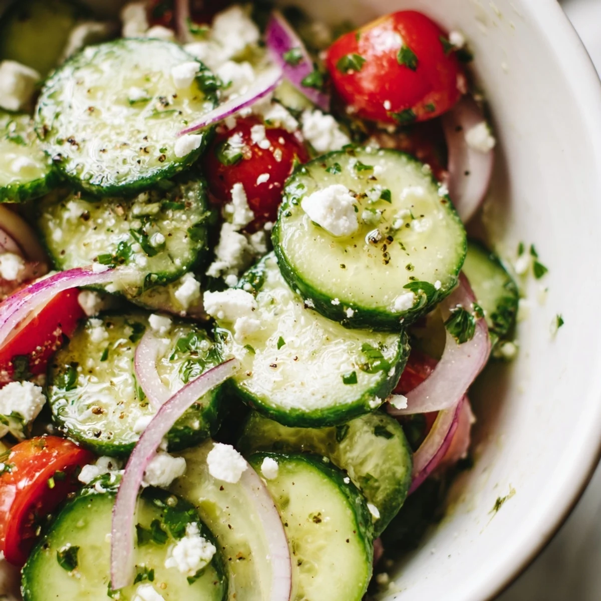 Glistening Cucumber Feta Salad With Lemon Greek Vinaigrette, crisp cucumbers, crumbly feta
