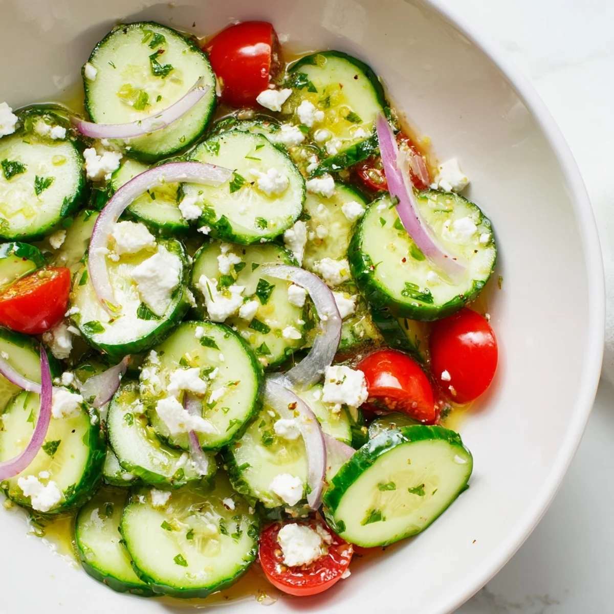 Serve Cucumber Feta Salad With Lemon Greek Vinaigrette alongside grilled fish for summer