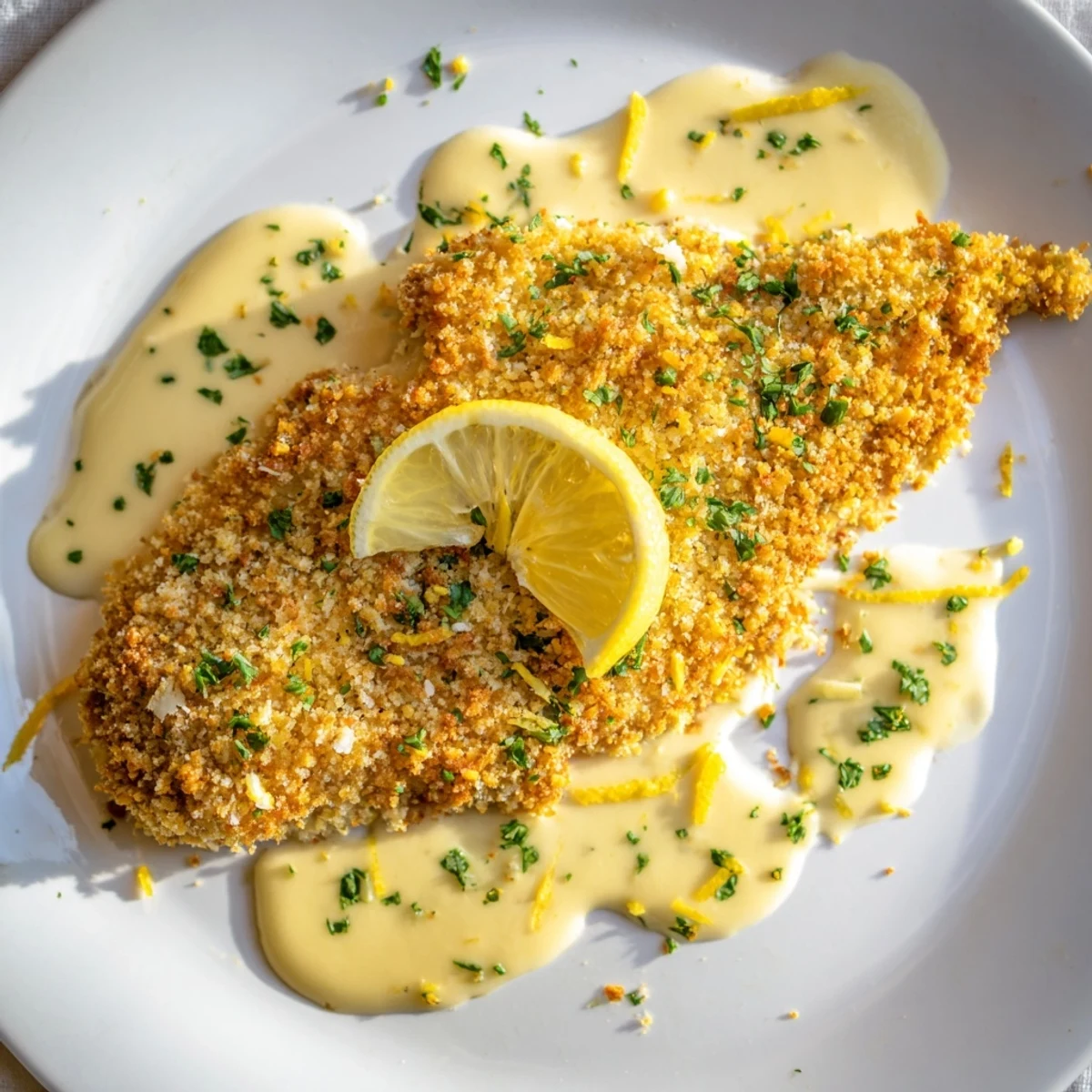 Lemon Pecorino Crusted Chicken With Creamy Lemon Sauce, golden crust and juicy interior