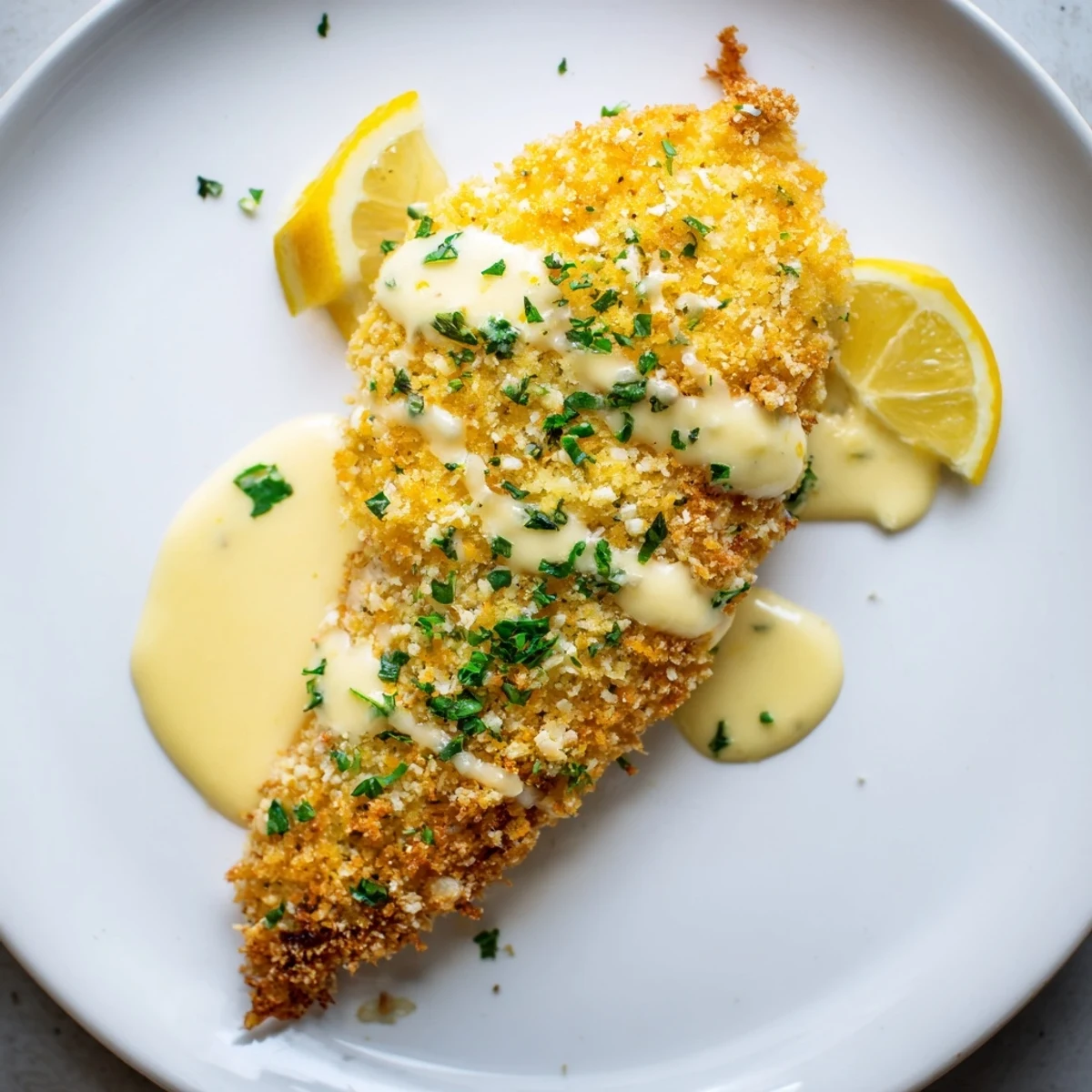 Fork-cut Lemon Pecorino Crusted Chicken With Creamy Lemon Sauce revealing steamy, velvety center