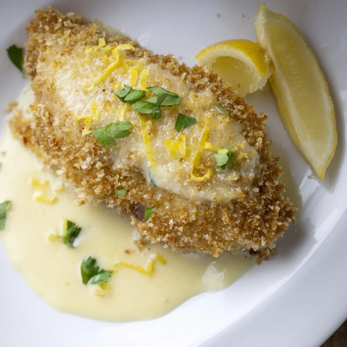 Oven-baked Lemon Pecorino Crusted Chicken With Creamy Lemon Sauce, drizzled with parsley