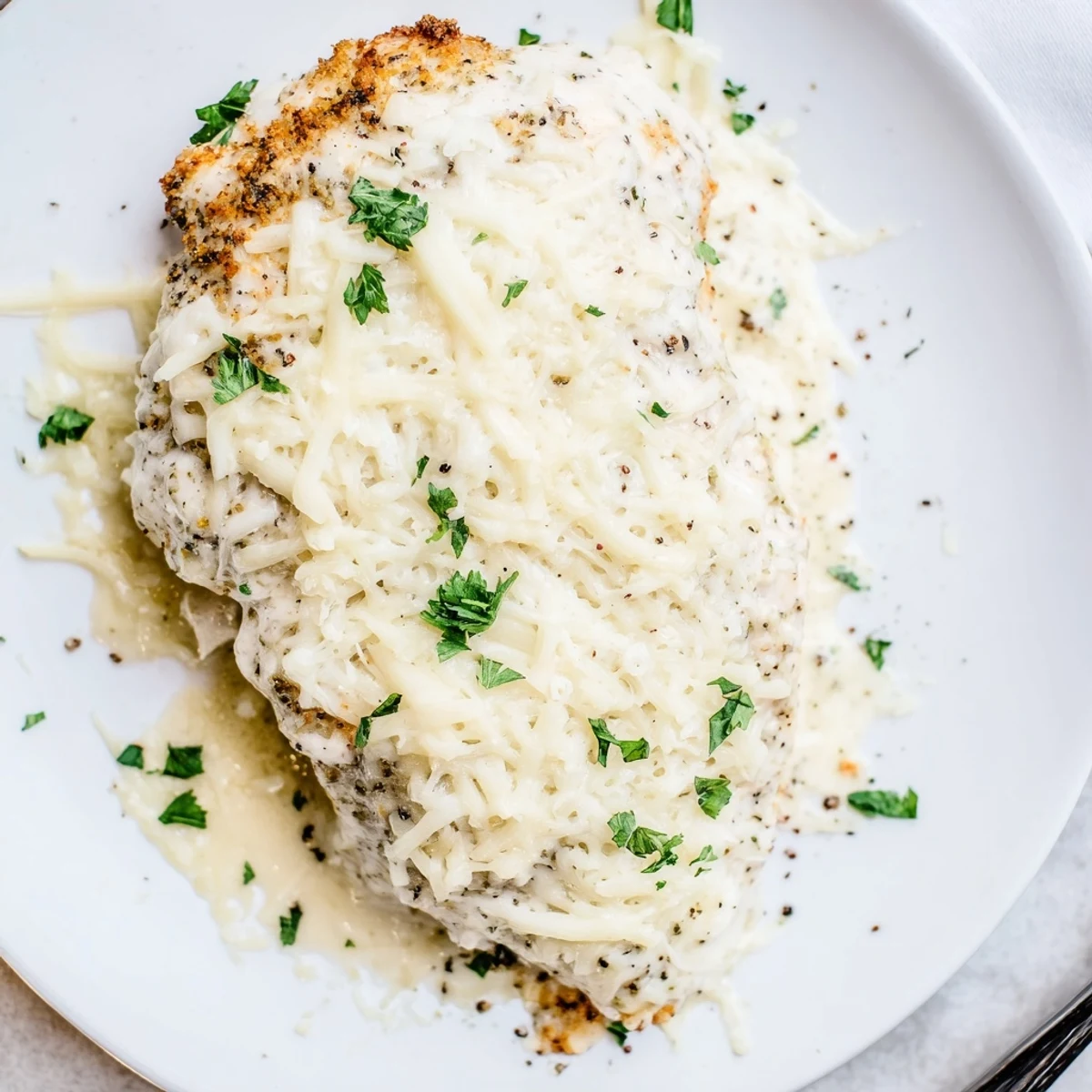 Baked Caesar Chicken With Creamy Parmesan Sauce, golden bubbly top, steaming tender chicken  