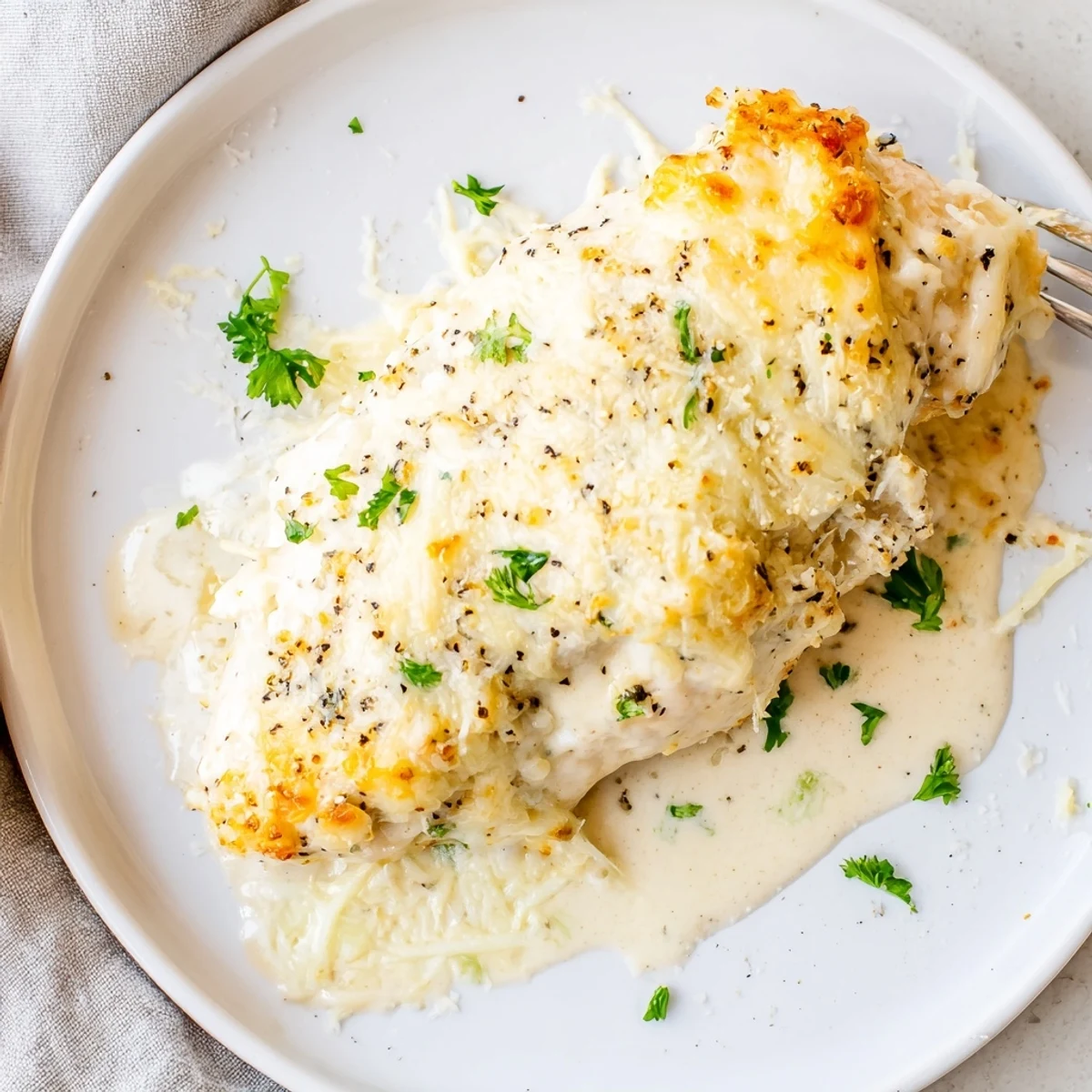 Family-style Baked Caesar Chicken With Creamy Parmesan Sauce, hot from oven, served with vegetables