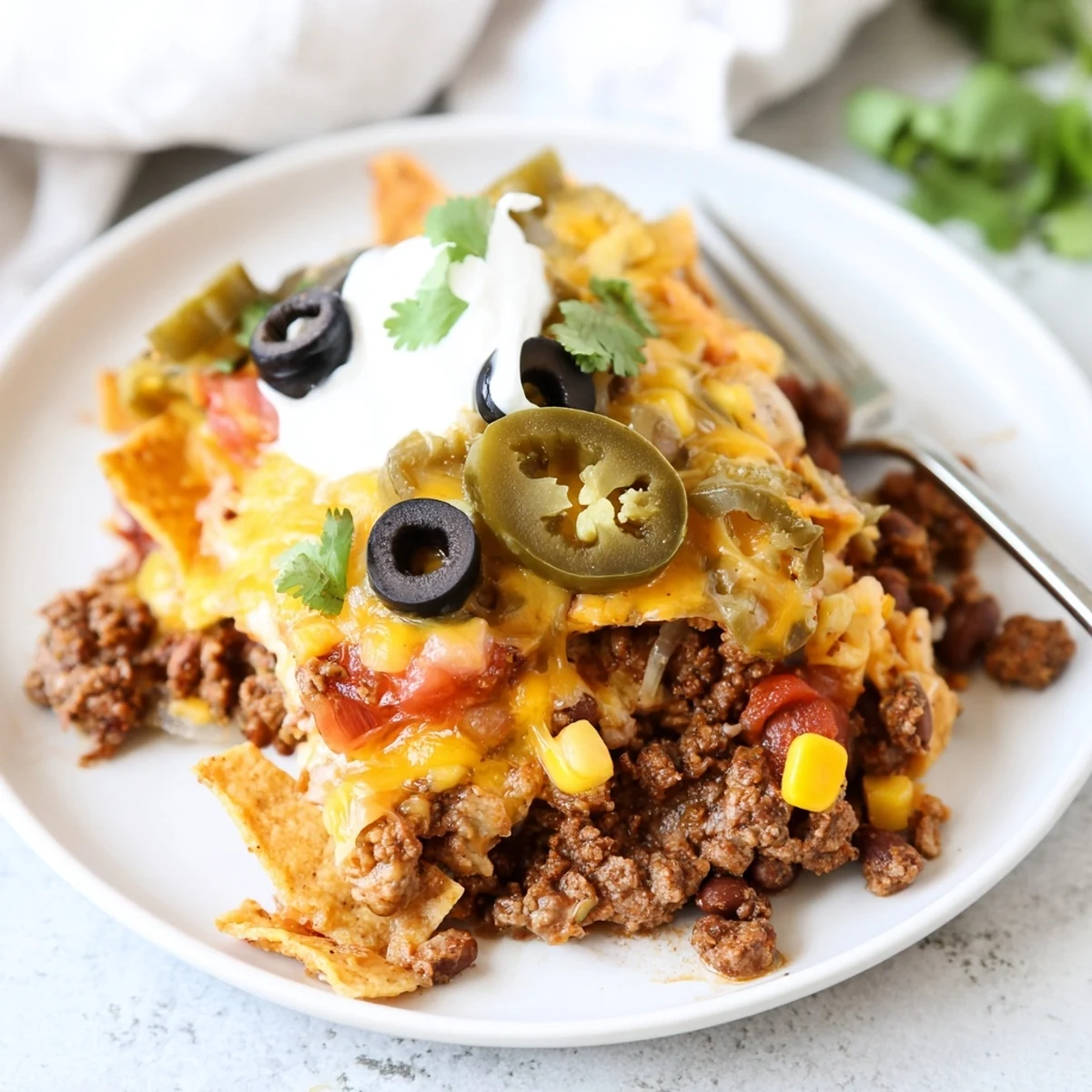 Hearty Cheesy Nacho Casserole layered with seasoned beef, beans, tangy toppings