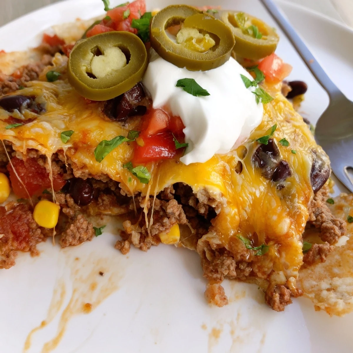 Close up of Cheesy Nacho Casserole bubbling with melted cheese and crisp chips