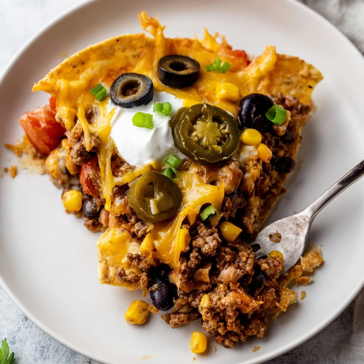 Ready to serve Cheesy Nacho Casserole on a rustic dish, garnished with cilantro