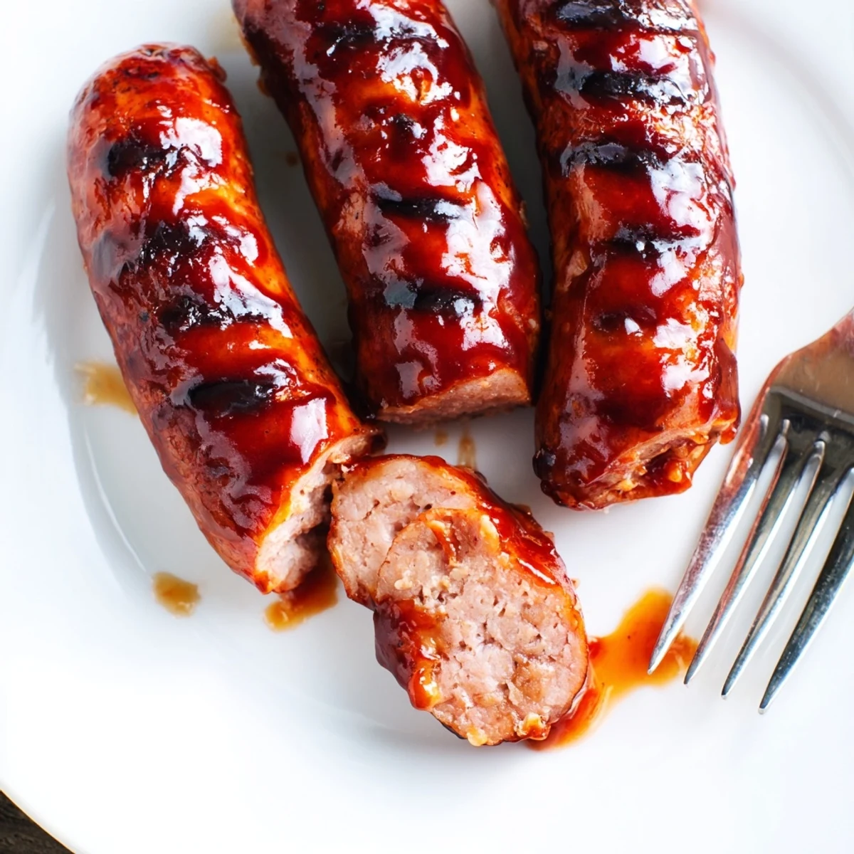 BBQ Sausage Recipe sizzling on grill, glossy sauce caramelized, ready to serve