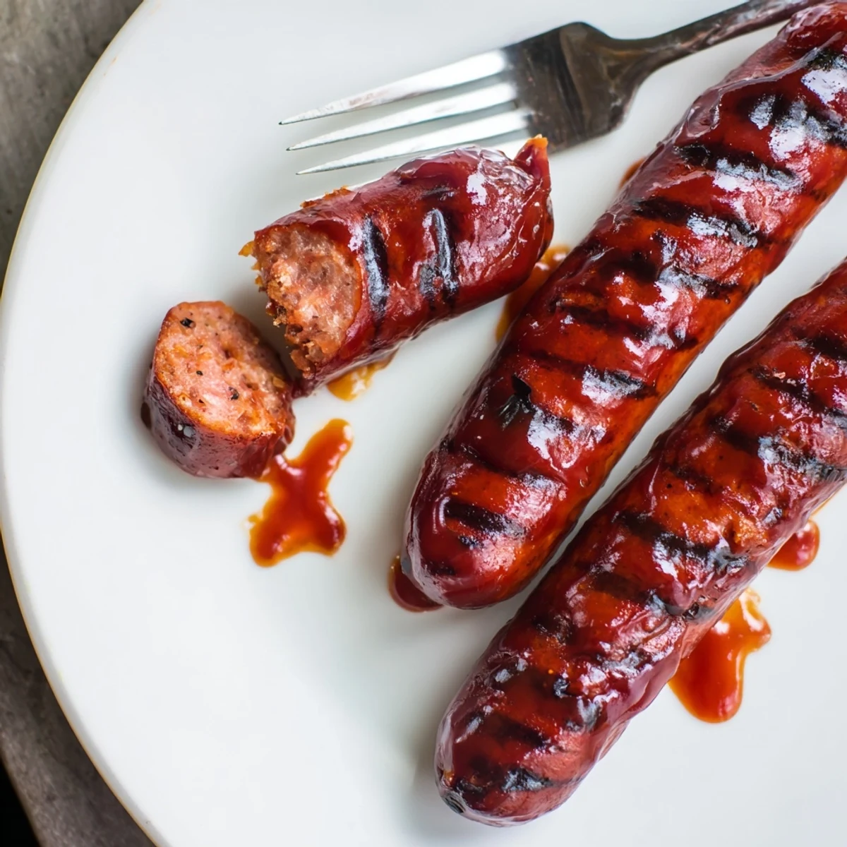 Smoky casings glisten as BBQ Sausage Recipe is brushed, served with baked beans