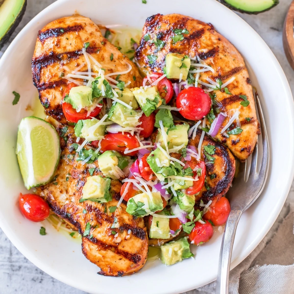 Charred, juicy Fiesta Lime Chicken With Avocado served with tangy lime wedges