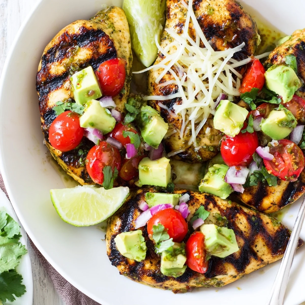 Summer-ready Fiesta Lime Chicken With Avocado on a plate with warm tortillas