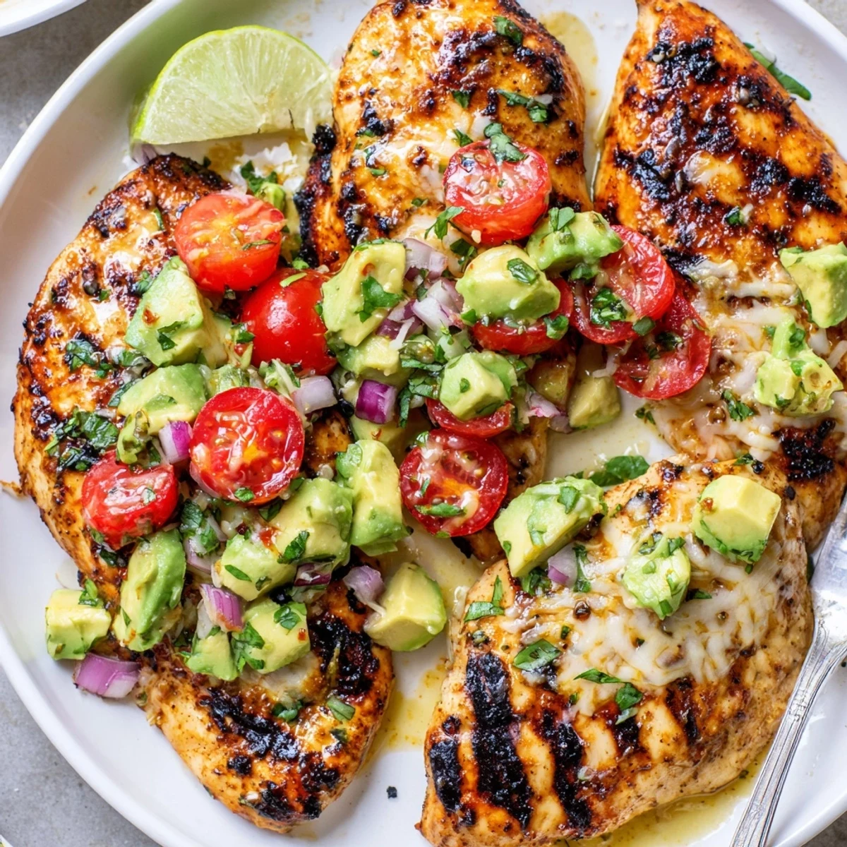 Fiesta Lime Chicken With Avocado topped with fresh cilantro and diced tomatoes