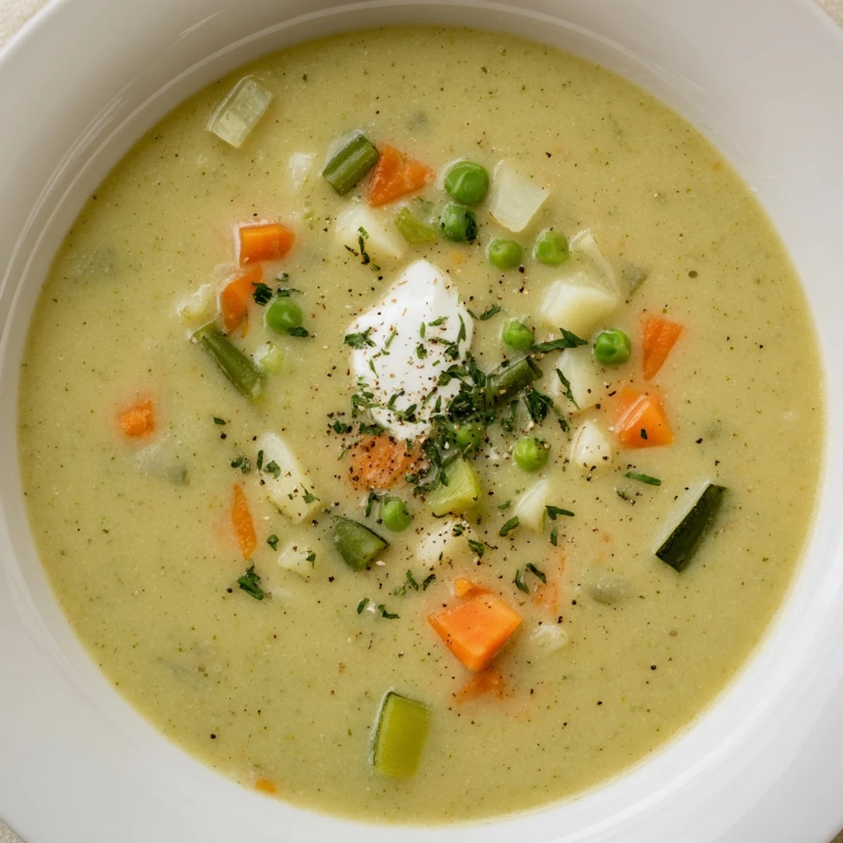 Warm, hearty bowl of Creamy Vegetable Soup Recipe with crusty bread.