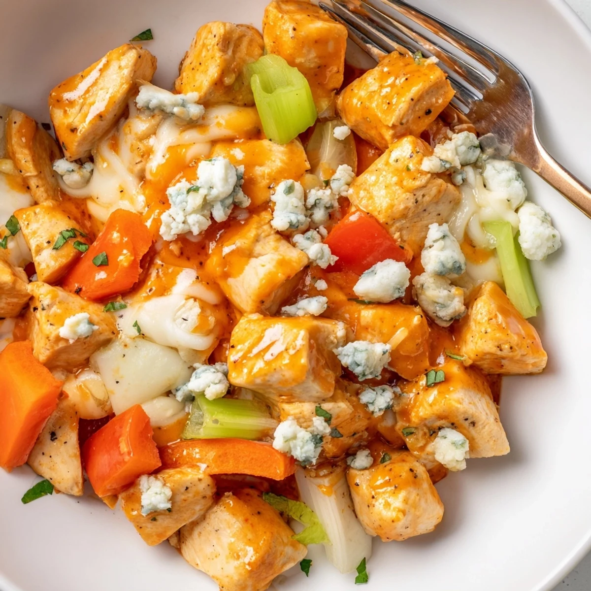 Keto Buffalo Chicken Skillet sizzling on stovetop, creamy sauce and melted mozzarella.