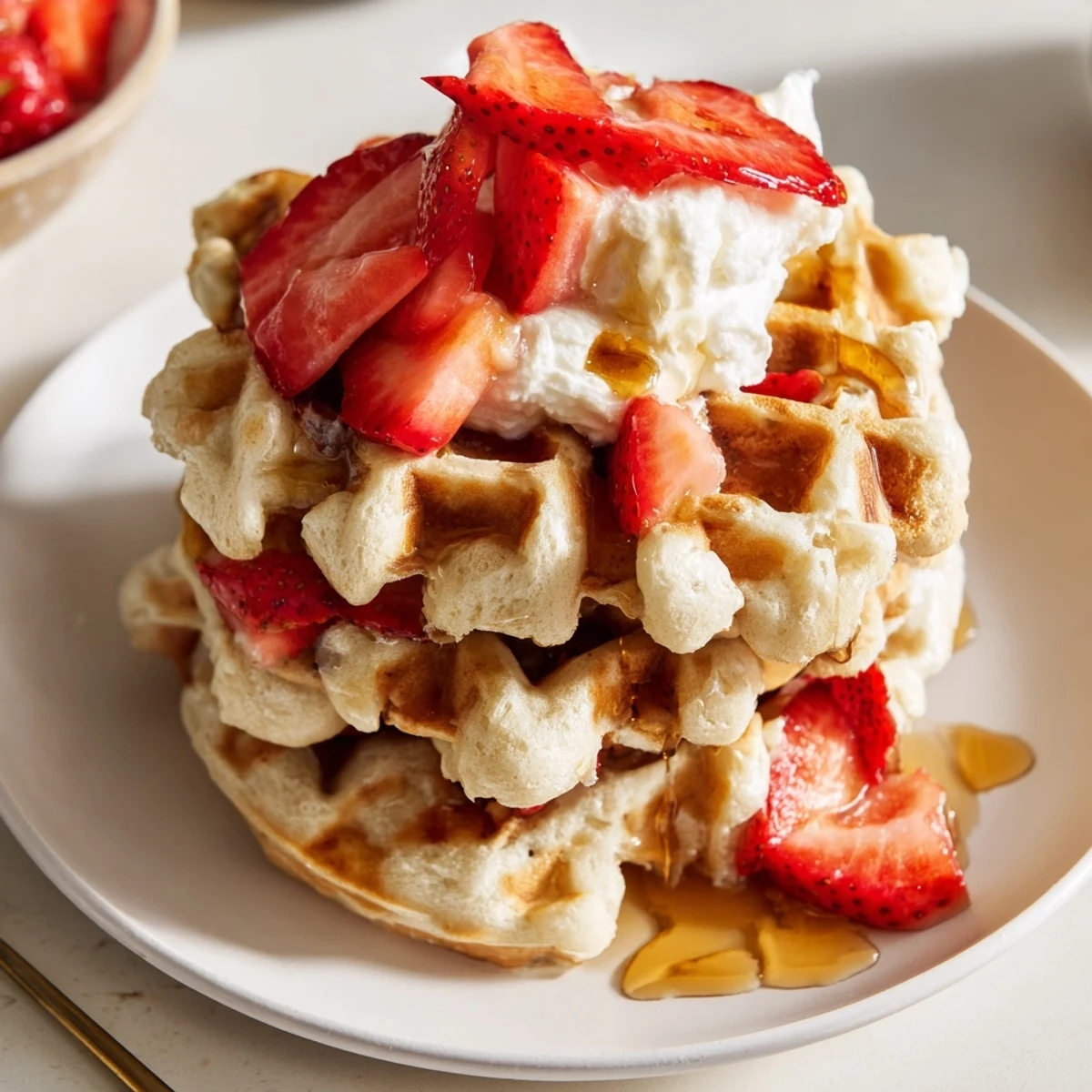 Warm Strawberry Waffles Recipe served with whipped cream and bright sliced berries