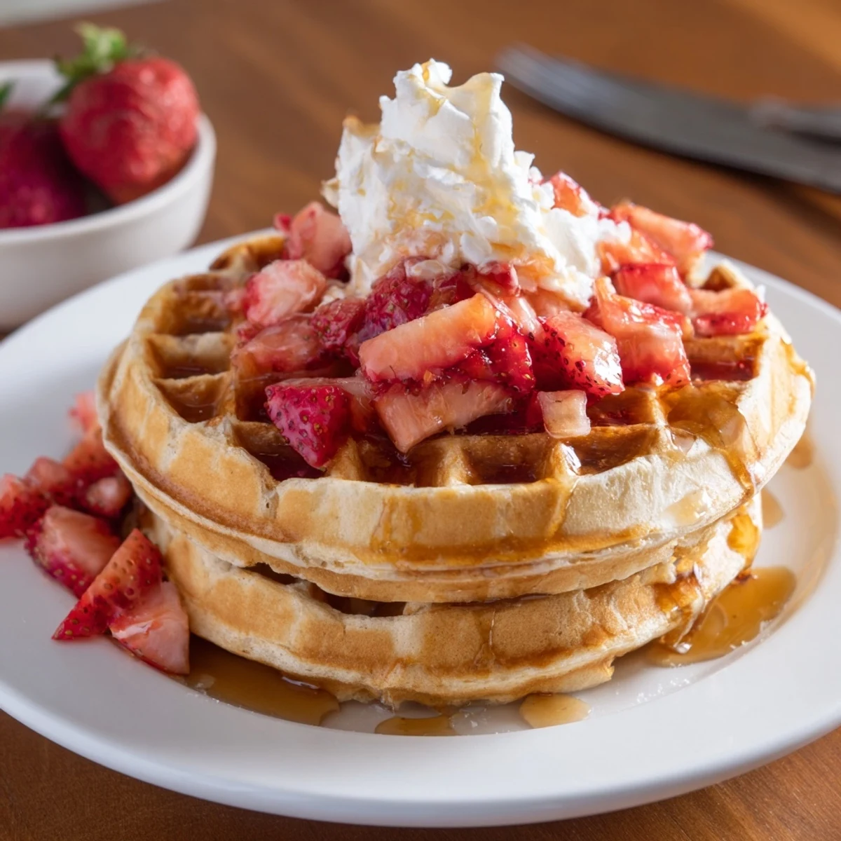 Crisp, golden Strawberry Waffles Recipe topped with fresh strawberries and butter
