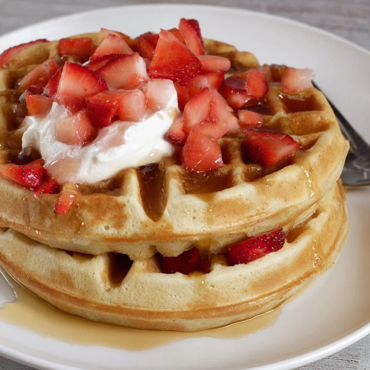 Fluffy homemade Strawberry Waffles Recipe on plate, steam rising, maple syrup drizzle