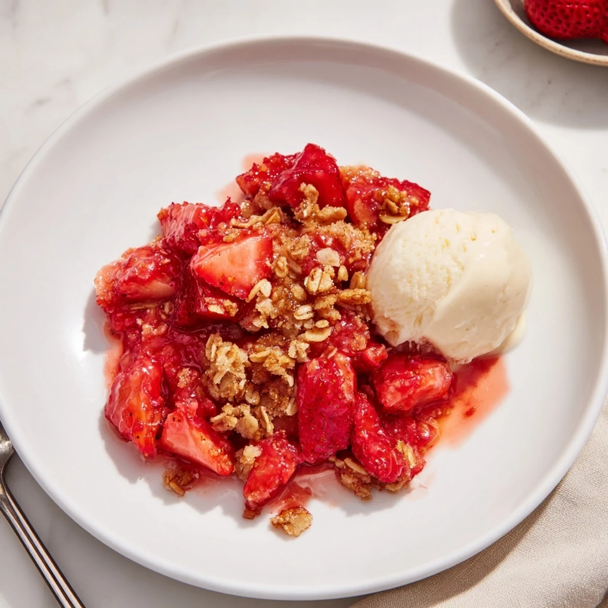 Warm Fresh Strawberry Crisp with buttery oat crumble, vanilla ice cream melting.